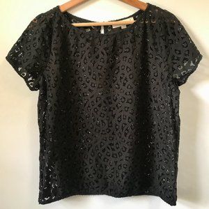 Ann Taylor LOFT Black Short Sleeve Eyelet Lace Blouse, Size M